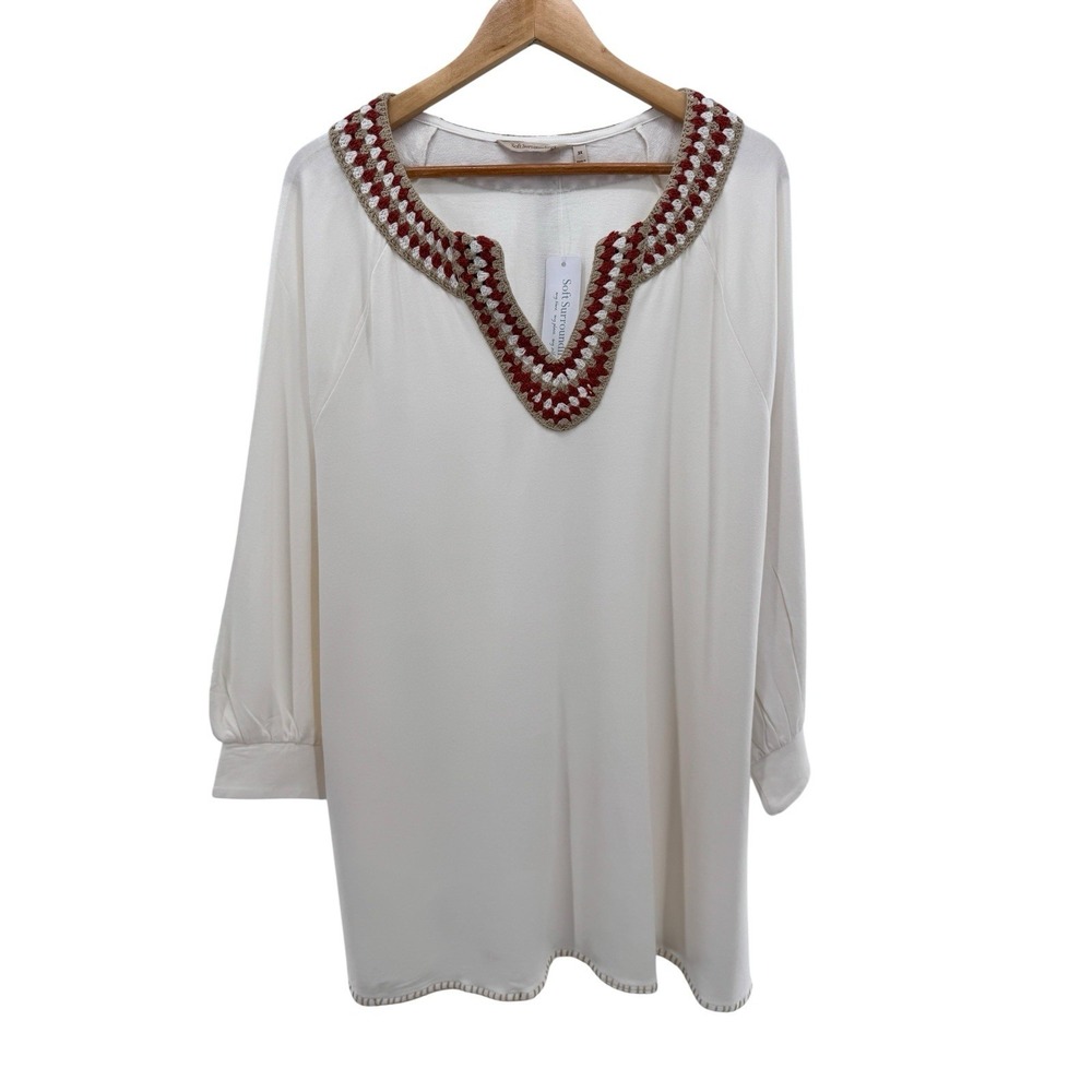 Soft Surroundings Sarita Top 3X Ivory Soft Knit Crochet Neckline 3/4 Sleeve NWT‎